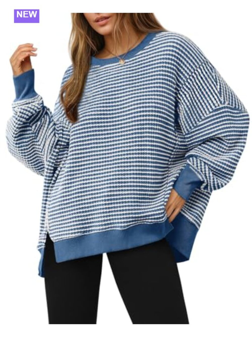 Waffle Knit Oversized Crewneck Long Sleeve Split Pullover Tunic Sweatshirt